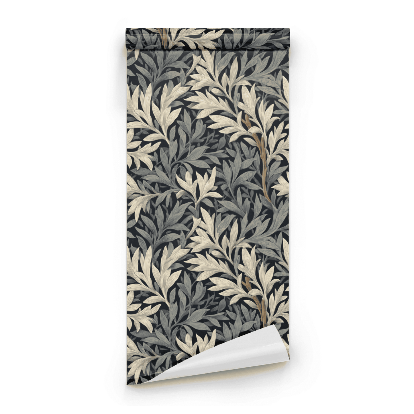 Grey Botanical Wallpaper roll close-up showing the willow leaf drawing in close moonlit grey Arts and Crafts detail