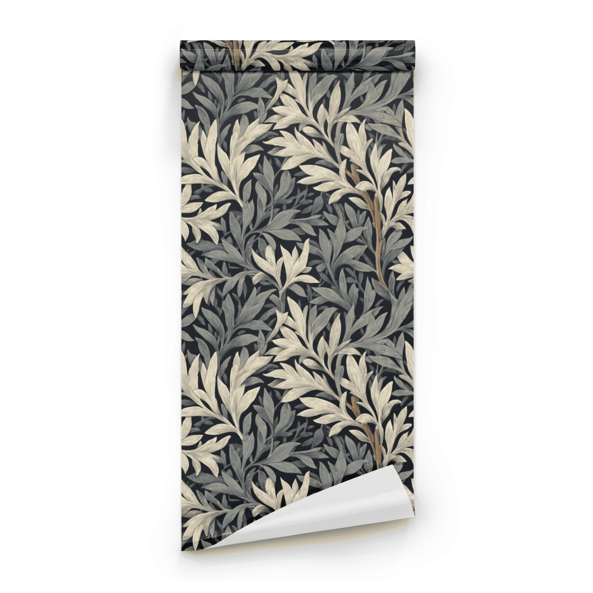 Grey Botanical Wallpaper roll close-up showing the willow leaf drawing in close moonlit grey Arts and Crafts detail