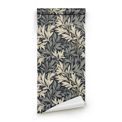 Grey Botanical Wallpaper roll close-up showing the willow leaf drawing in close moonlit grey Arts and Crafts detail