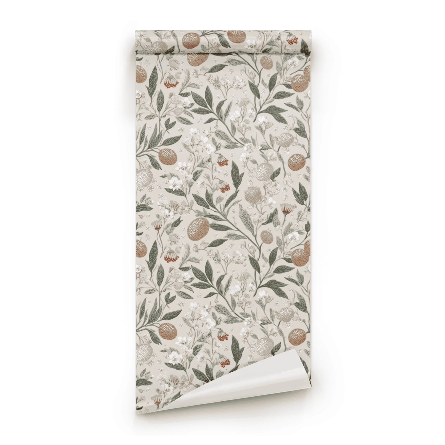 Green Floral Wallpaper roll preview showing the subtle honeycomb-and-floral detail in soft beige Arts and Crafts handling