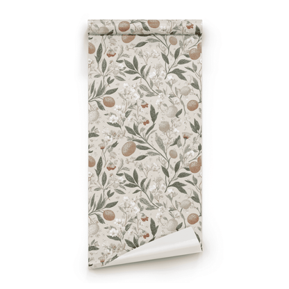 Green Floral Wallpaper roll preview showing the subtle honeycomb-and-floral detail in soft beige Arts and Crafts handling