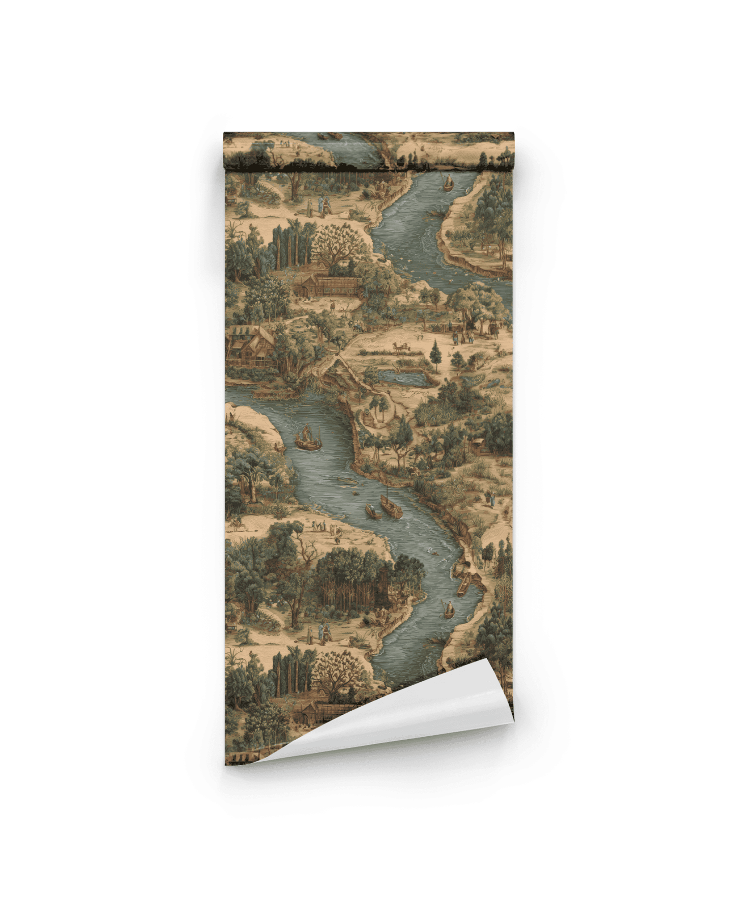 The Riverside Tale Wallpaper features a whimsical landscape with flowing rivers, trees, boats, and buildings in muted colors on a white background.