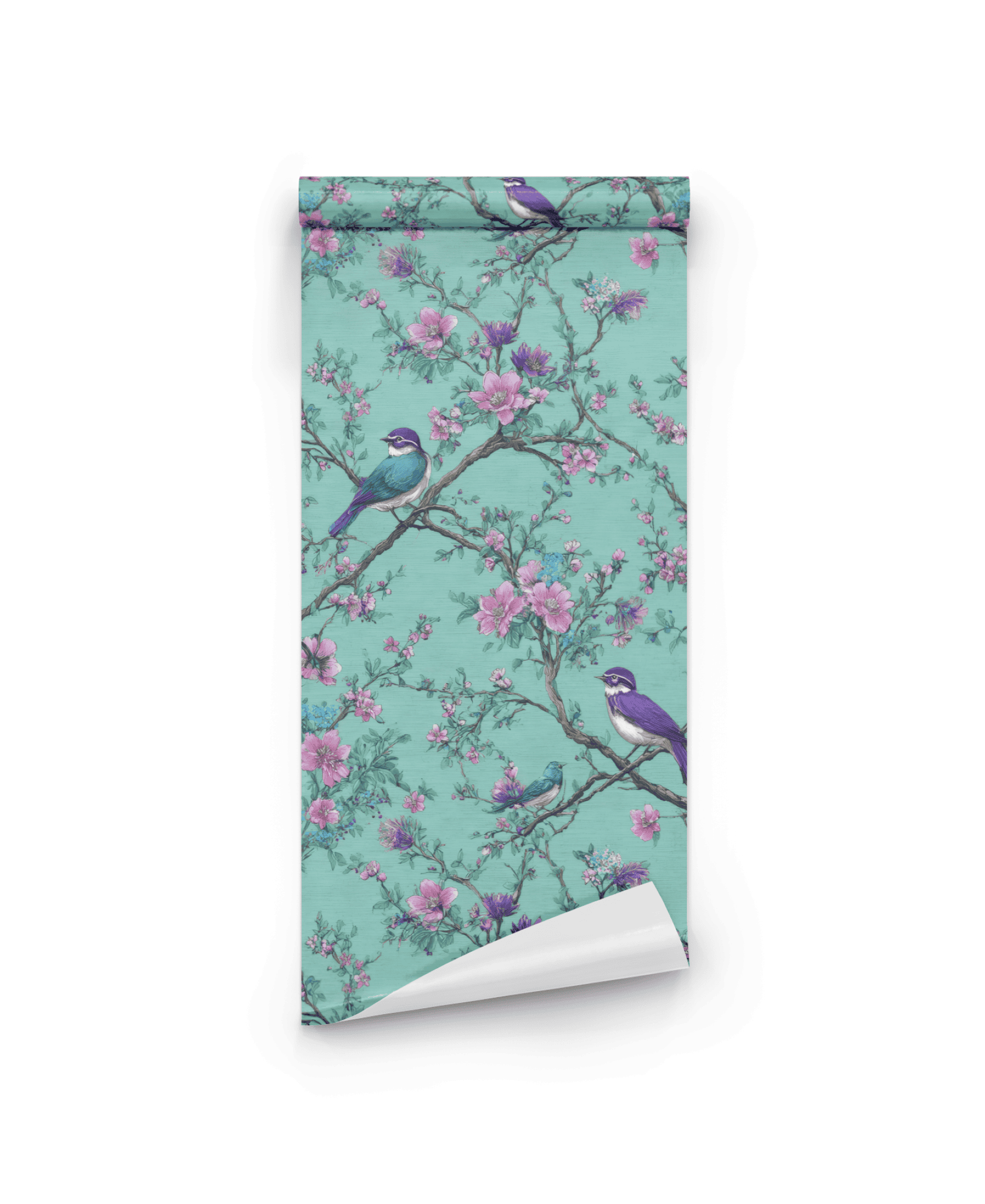 Blossom Serenity Wallpaper showcases purple and blue birds on pink cherry blossoms against a teal background, creating a calming, botanical-inspired decor perfect for any space.