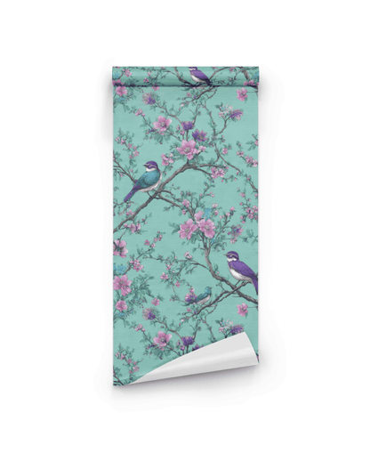 Blossom Serenity Wallpaper showcases purple and blue birds on pink cherry blossoms against a teal background, creating a calming, botanical-inspired decor perfect for any space.