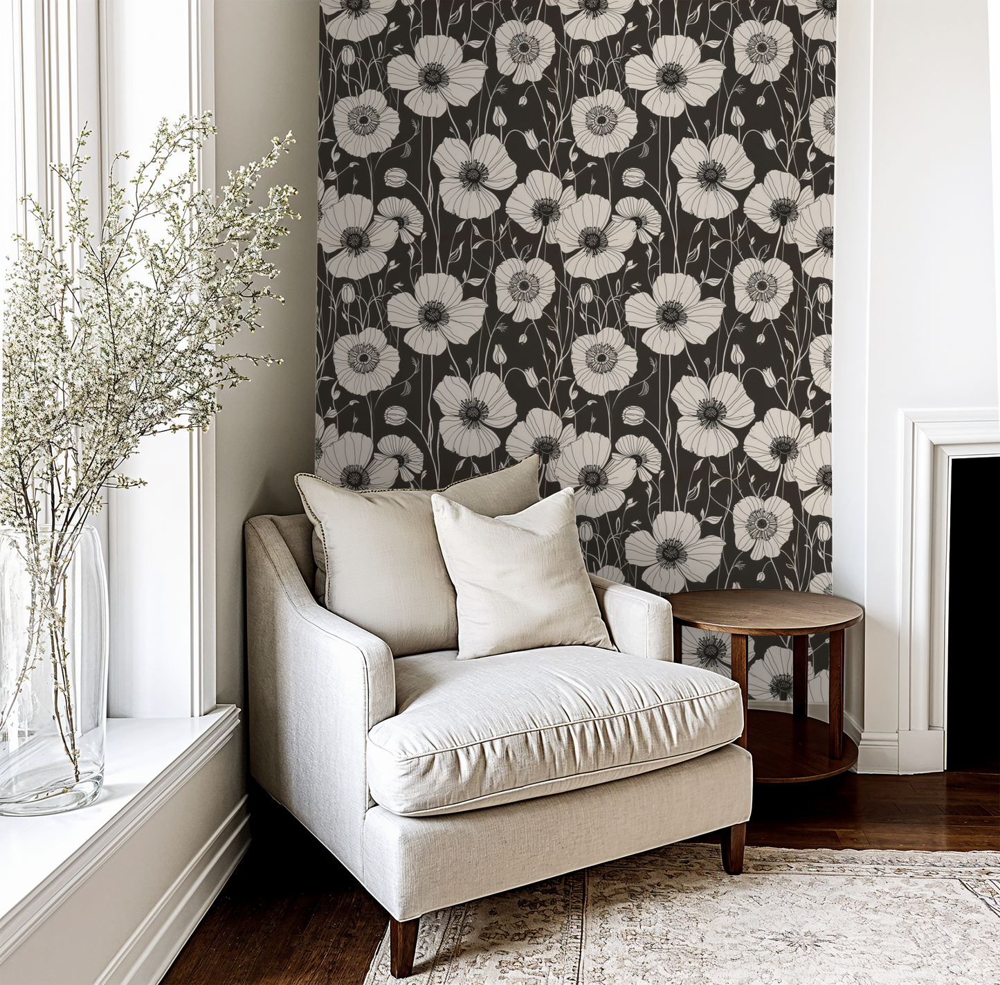 Monochrome Large Poppy Retro Wallpaper