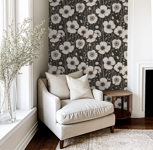 Monochrome Large Poppy Retro Wallpaper