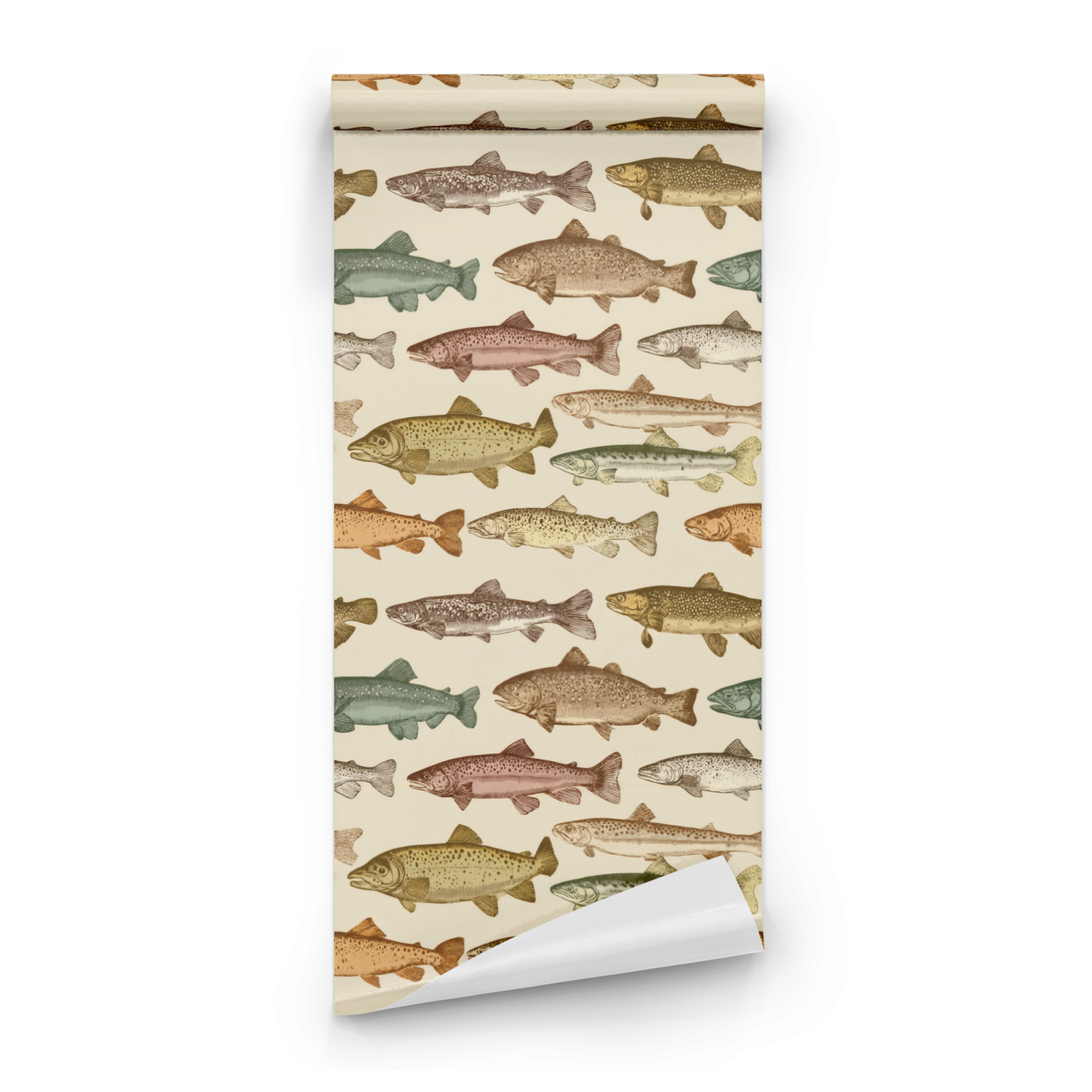Neutral Fish Pattern Wallpaper roll close-up showing the trout drawing in close neutral earth-tone nautical detail