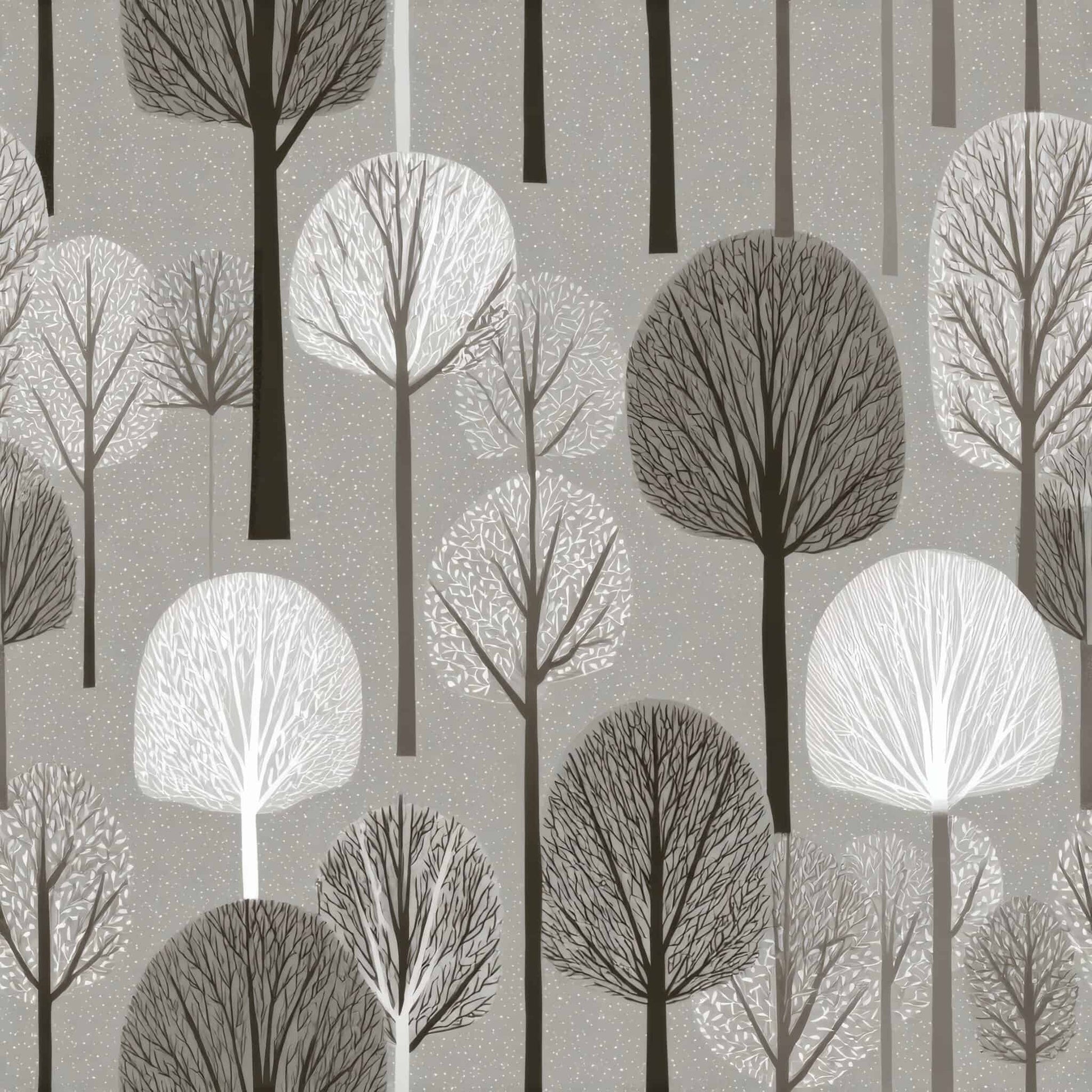 Wallpaper with stylized trees in neutral shades on a grey background depicting a winter forest scene.