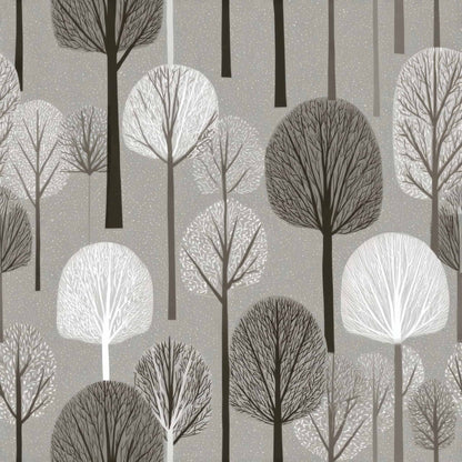 Wallpaper with stylized trees in neutral shades on a grey background depicting a winter forest scene.