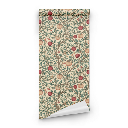 Cream Botanical Wallpaper roll preview showing the clover fruit-and-floral drawing in close cream russet detail