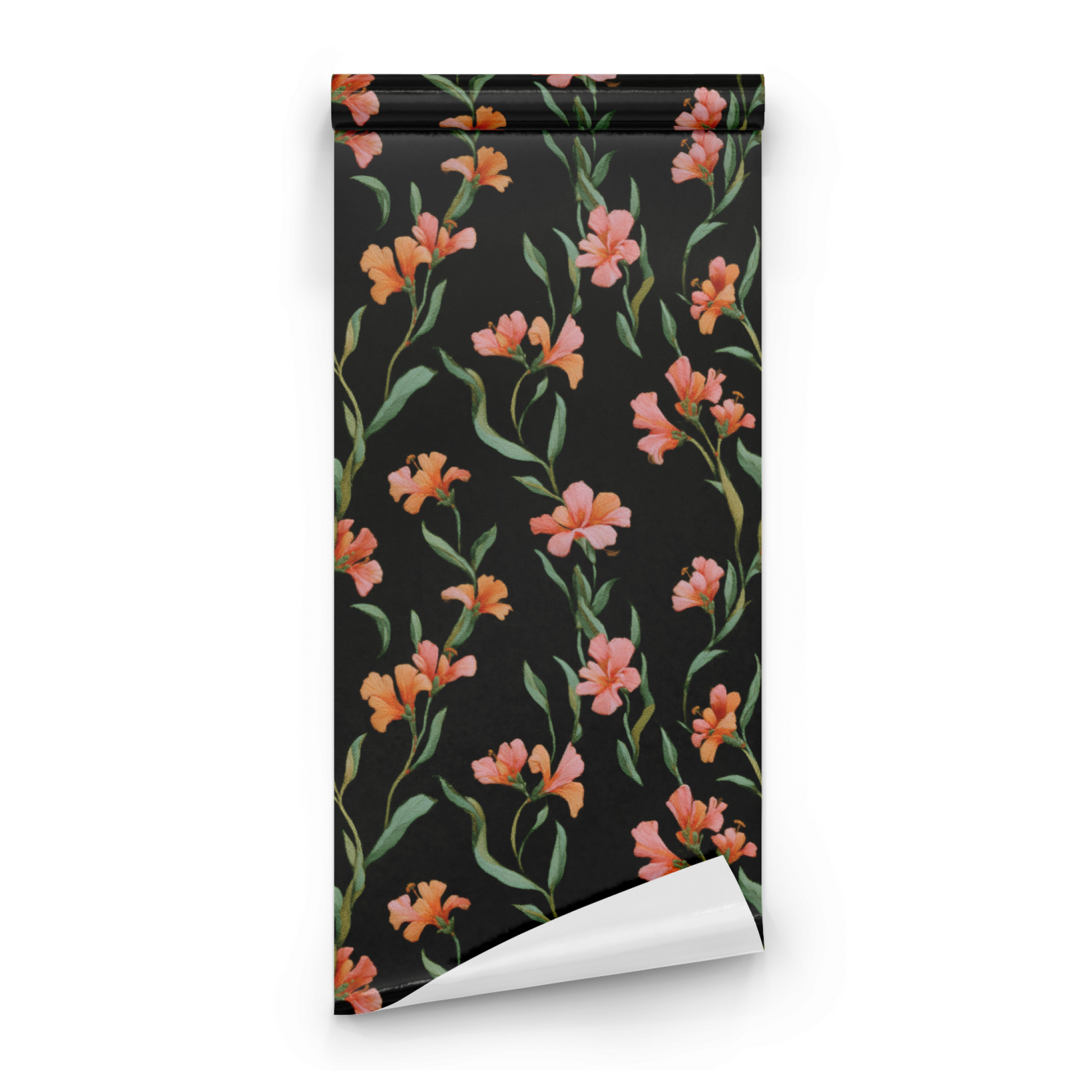 Black Floral Wallpaper roll close-up showing the embroidered floral drawing in close tangerine-on-black moody detail