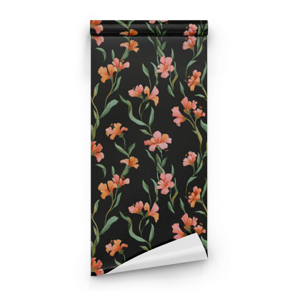 Black Floral Wallpaper roll close-up showing the embroidered floral drawing in close tangerine-on-black moody detail