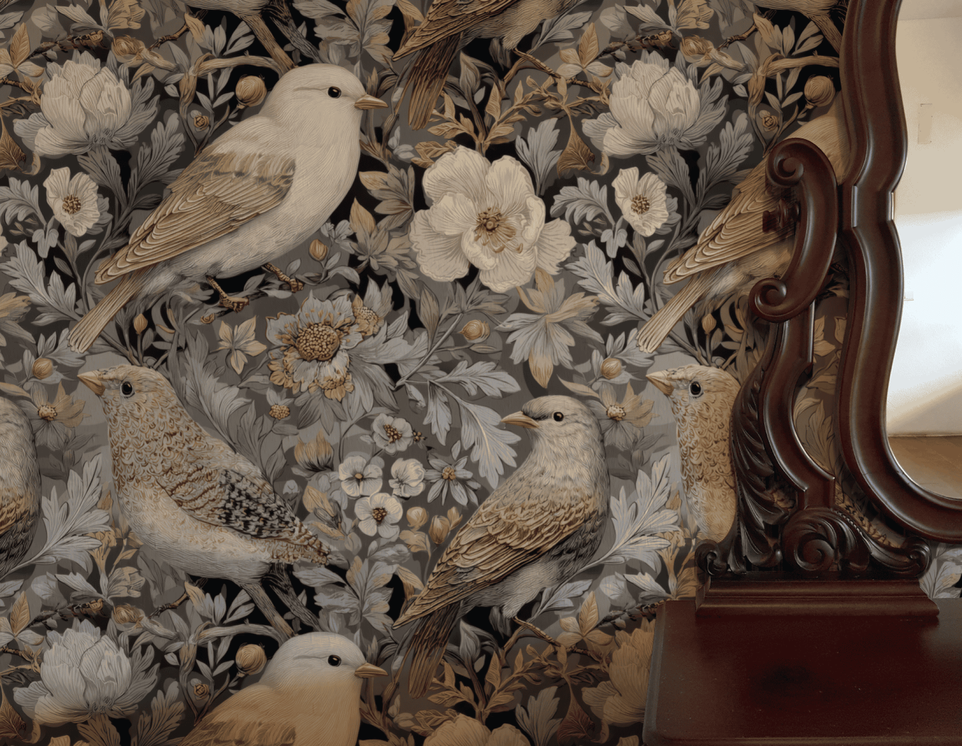 The Serenade Bloom Wallpaper features detailed floral motifs and gentle birds in soft tones, partially reflected in an ornate wooden mirror, adding natural elegance to the space.
