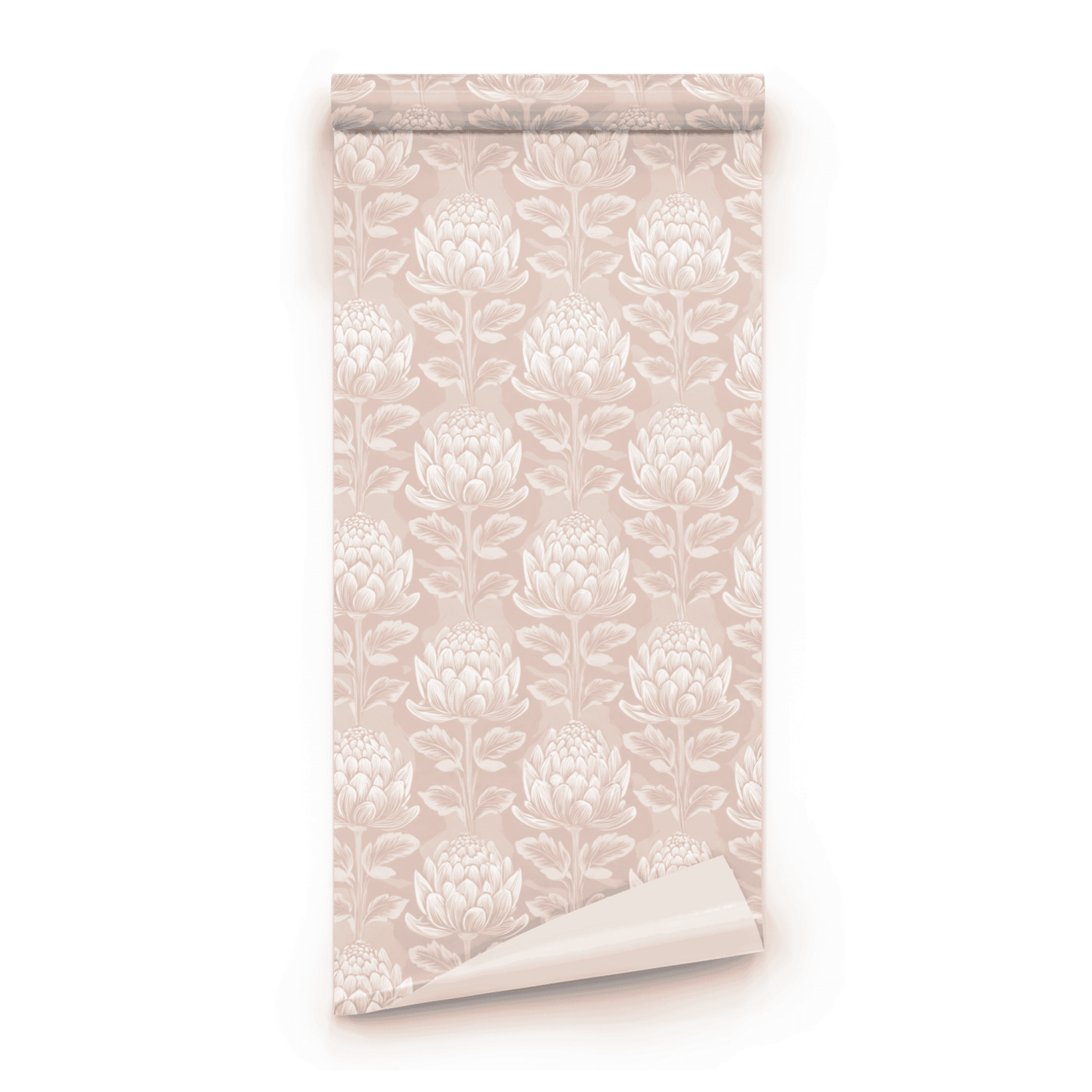 Pink Floral Wallpaper roll preview showing the protea floral drawing in close soft pink Arts and Crafts detail