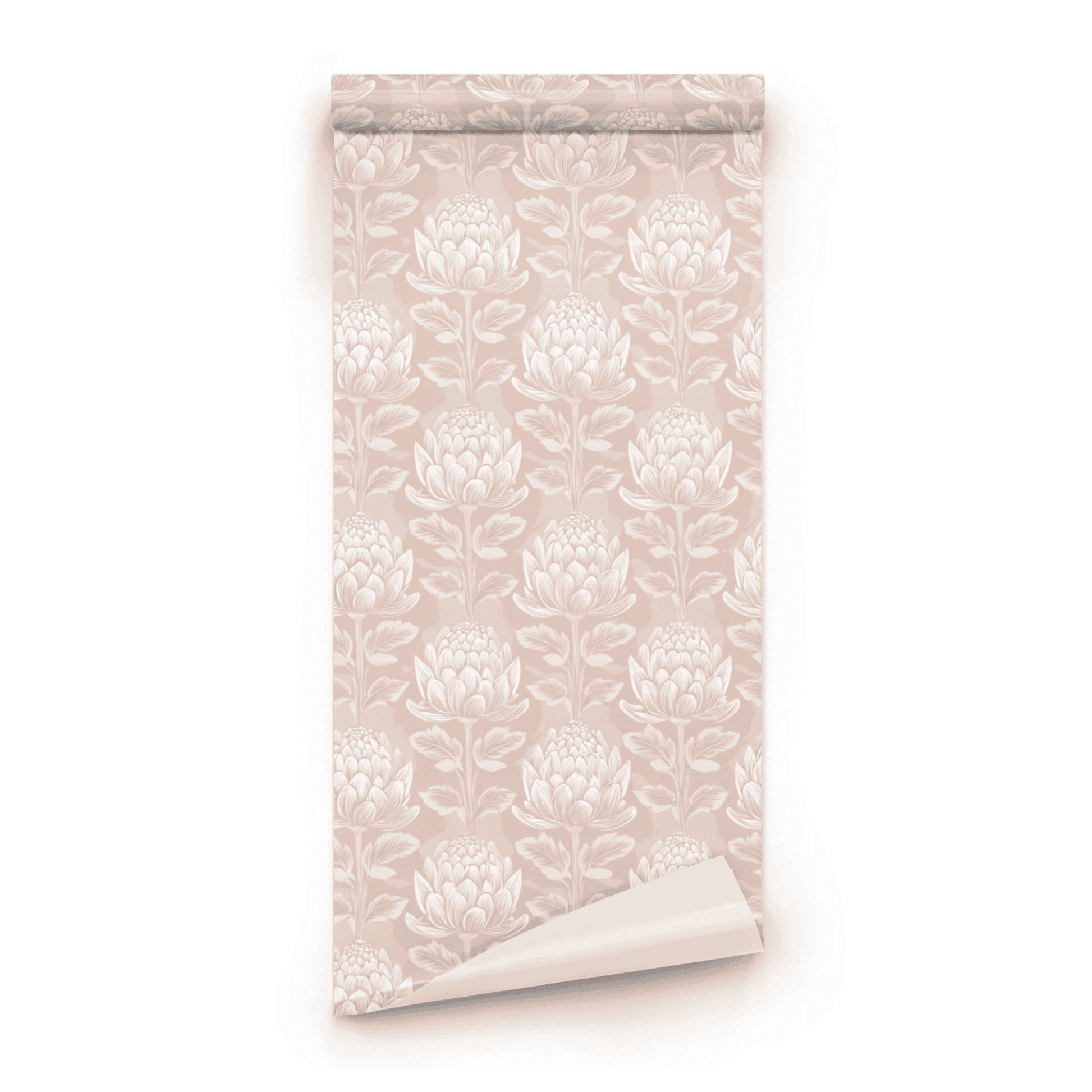 Pink Floral Wallpaper roll preview showing the protea floral drawing in close soft pink Arts and Crafts detail