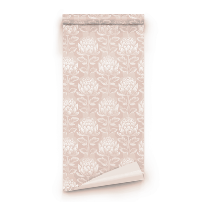 Pink Floral Wallpaper roll preview showing the protea floral drawing in close soft pink Arts and Crafts detail