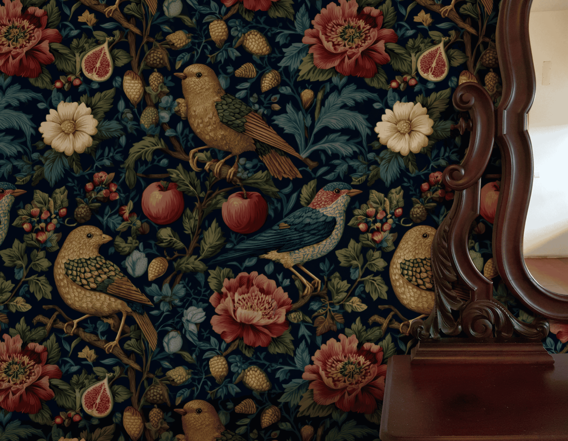 Ornithic Blossom Wallpaper displays blooming florals and vibrant birds with apples, figs, and leaves in a detailed vintage style on a dark background, shown beside an ornate wooden mirror.