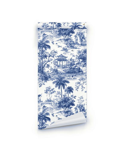 Add a tranquil touch to your space with Serene Pavilion Wallpaper, a blue and white toile design featuring Chinese art with trees, a pagoda, birds, and a decorative landscape scene.