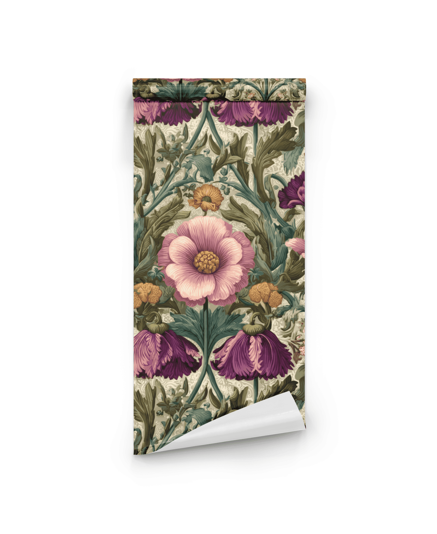 Blossom Rhapsody Wallpaper: a rolled sheet featuring a vintage floral design with large pink and purple flowers, yellow blooms, and green leaves on a light background.