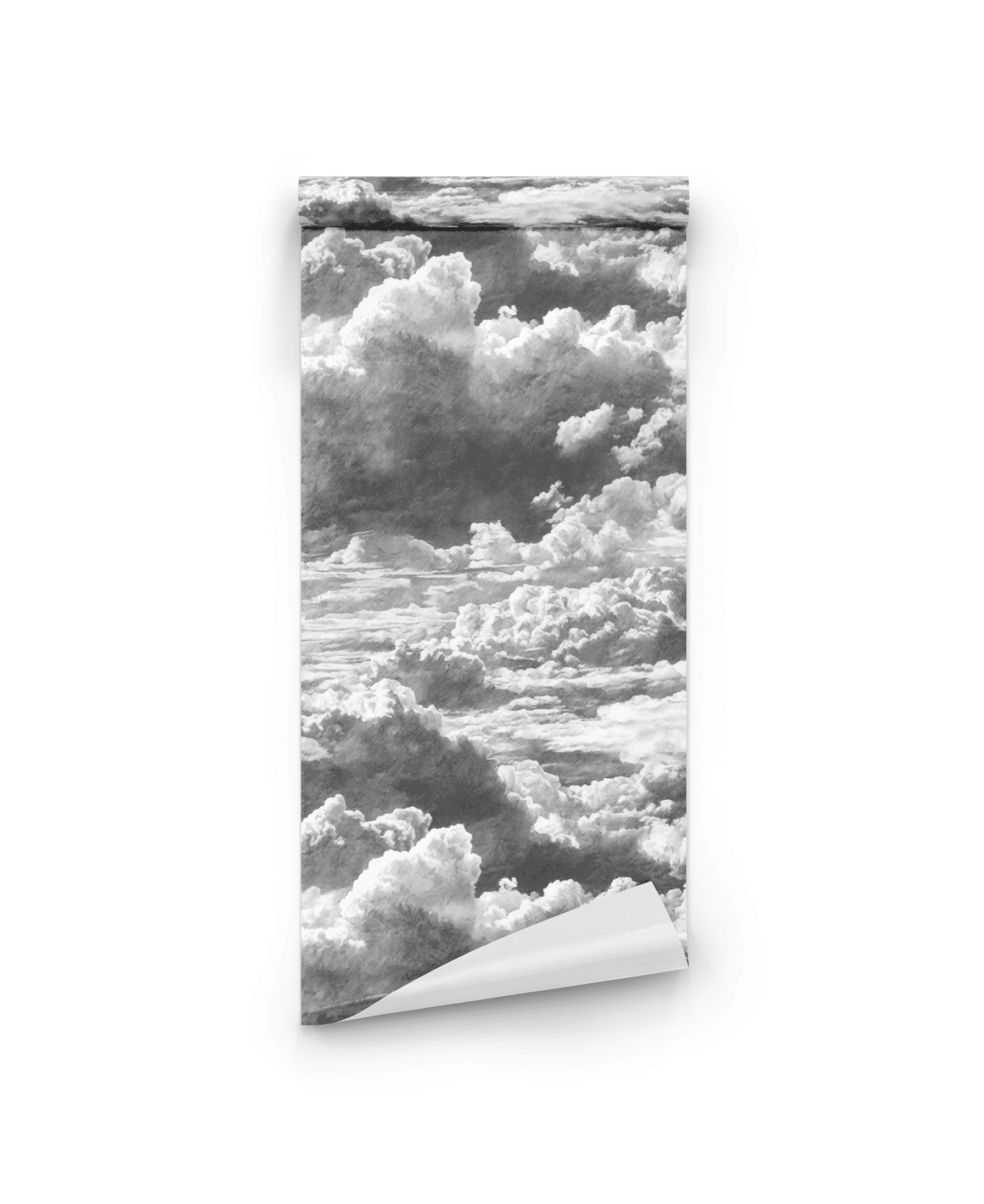 The Nimbus Reverie Wallpaper, shown partially unrolled, reveals its black and white cloud pattern—ideal for adding a serene, dreamlike touch to any room.