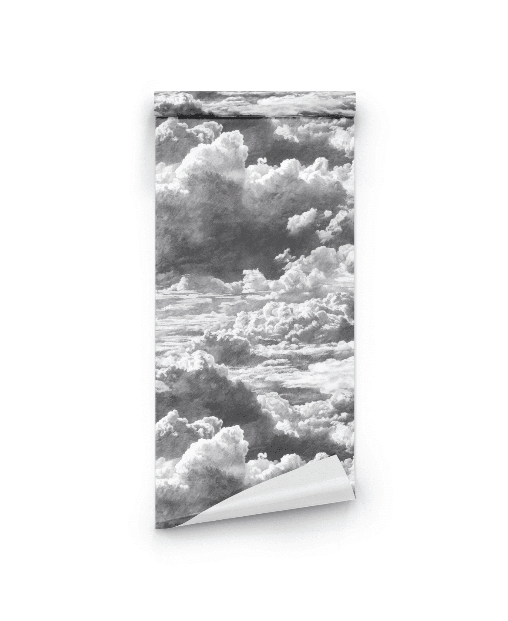 The Nimbus Reverie Wallpaper, shown partially unrolled, reveals its black and white cloud pattern—ideal for adding a serene, dreamlike touch to any room.