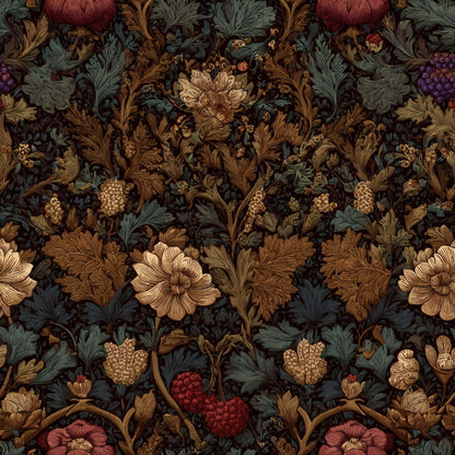 A wallpaper design featuring rich autumnal foliage and delicate blossoms in warm tones.