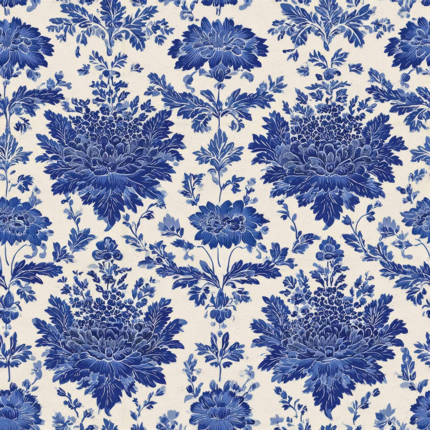Intricate blue floral pattern on a cream background.