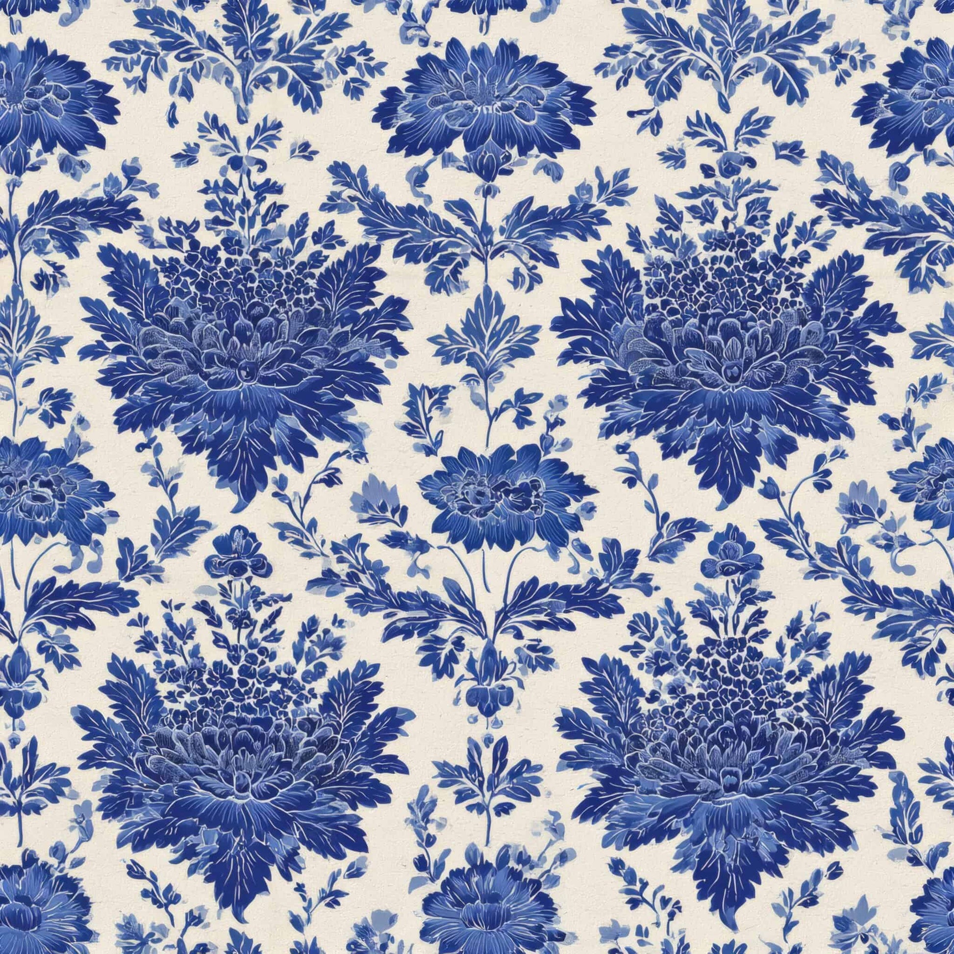 Intricate blue floral pattern on a cream background.