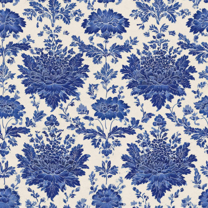 Intricate blue floral pattern on a cream background.