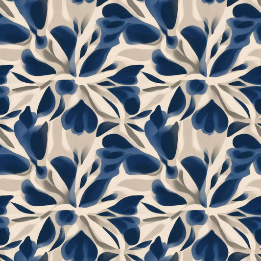 Indigo floral pattern on a beige background with a sophisticated design.