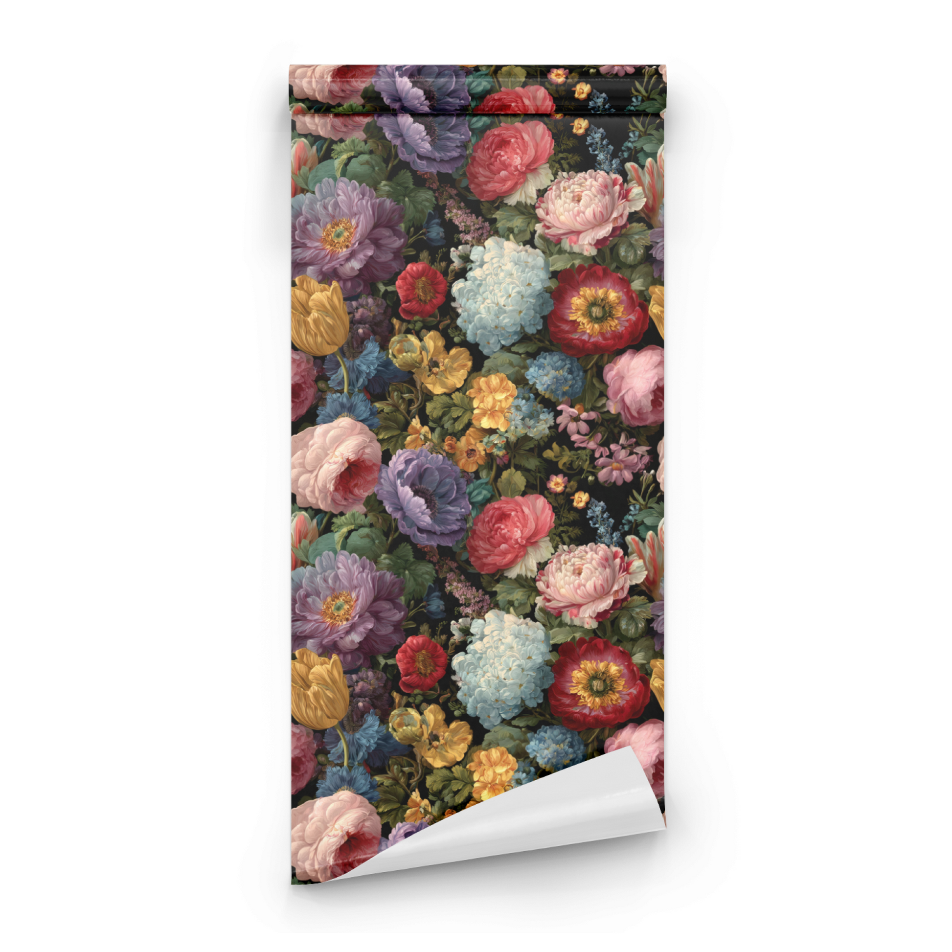 Black Floral Wallpaper roll close-up showing the jewel floral drawing on deep black Victorian moody ground