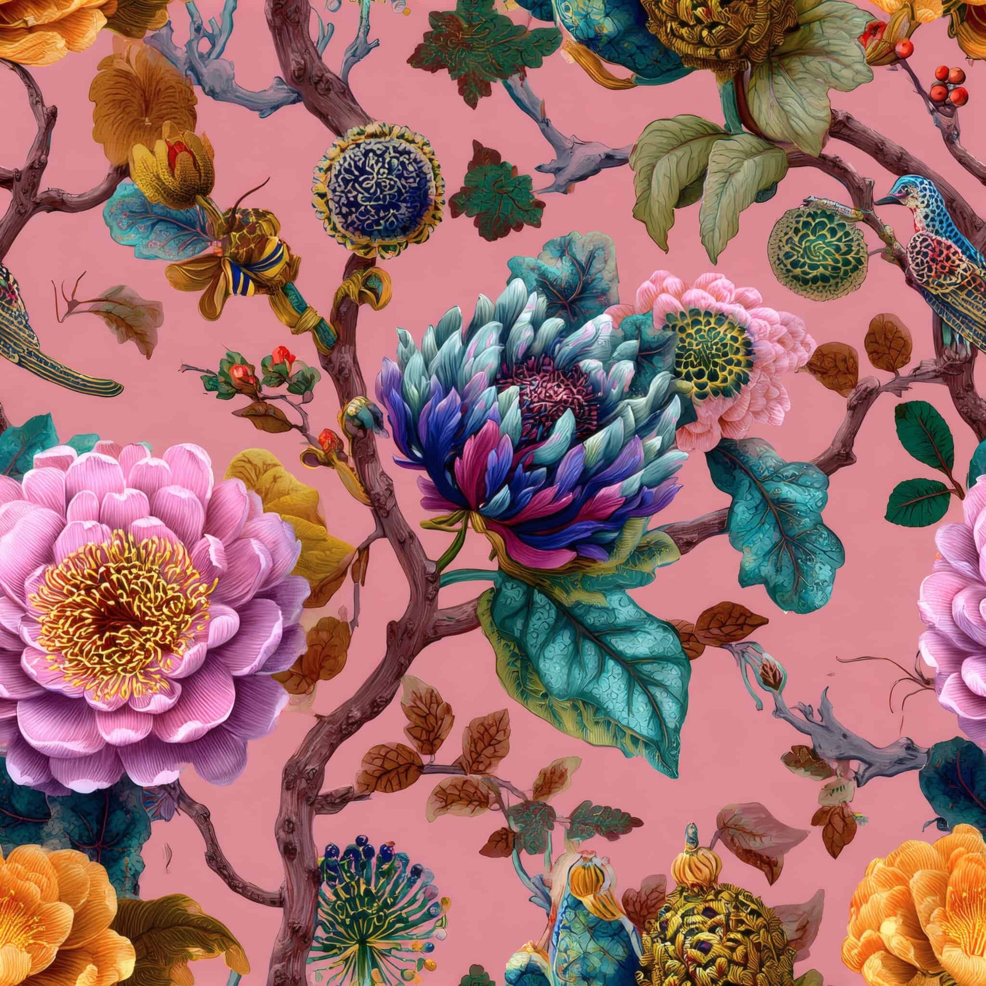 Detailed floral pattern with colorful blooms on a warm pink background.