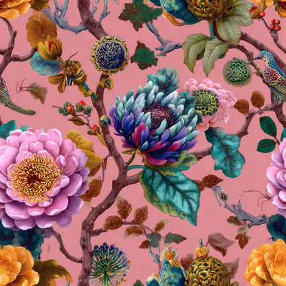 Detailed floral pattern with colorful blooms on a warm pink background.