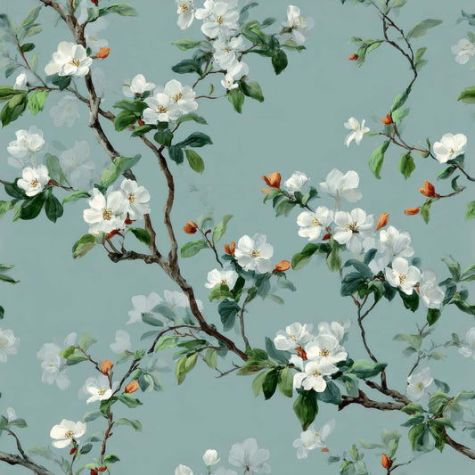 Wallpaper design with delicate white blossoms and green leaves on a soft teal background.