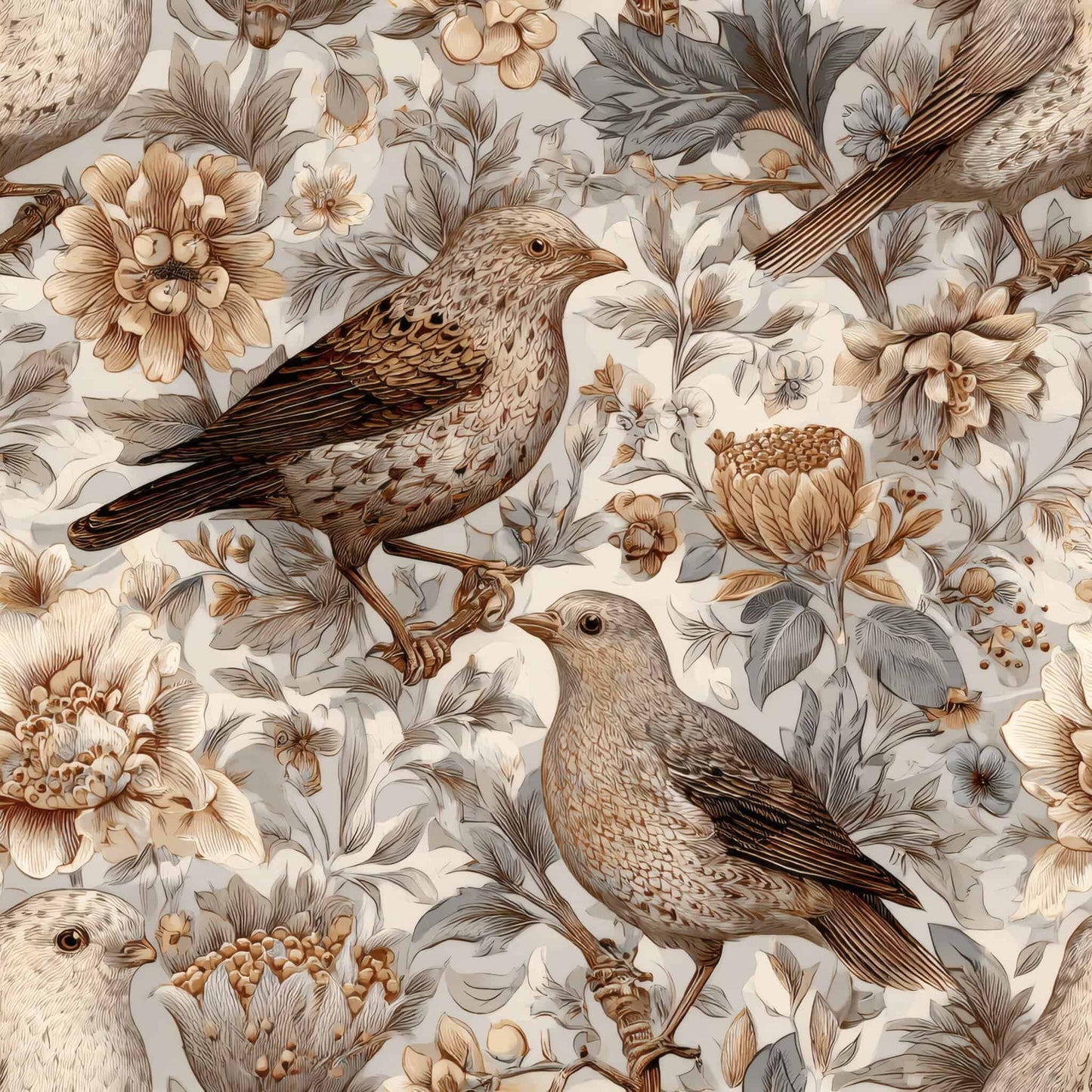 Wallpaper with detailed bird and floral pattern in sepia tones.