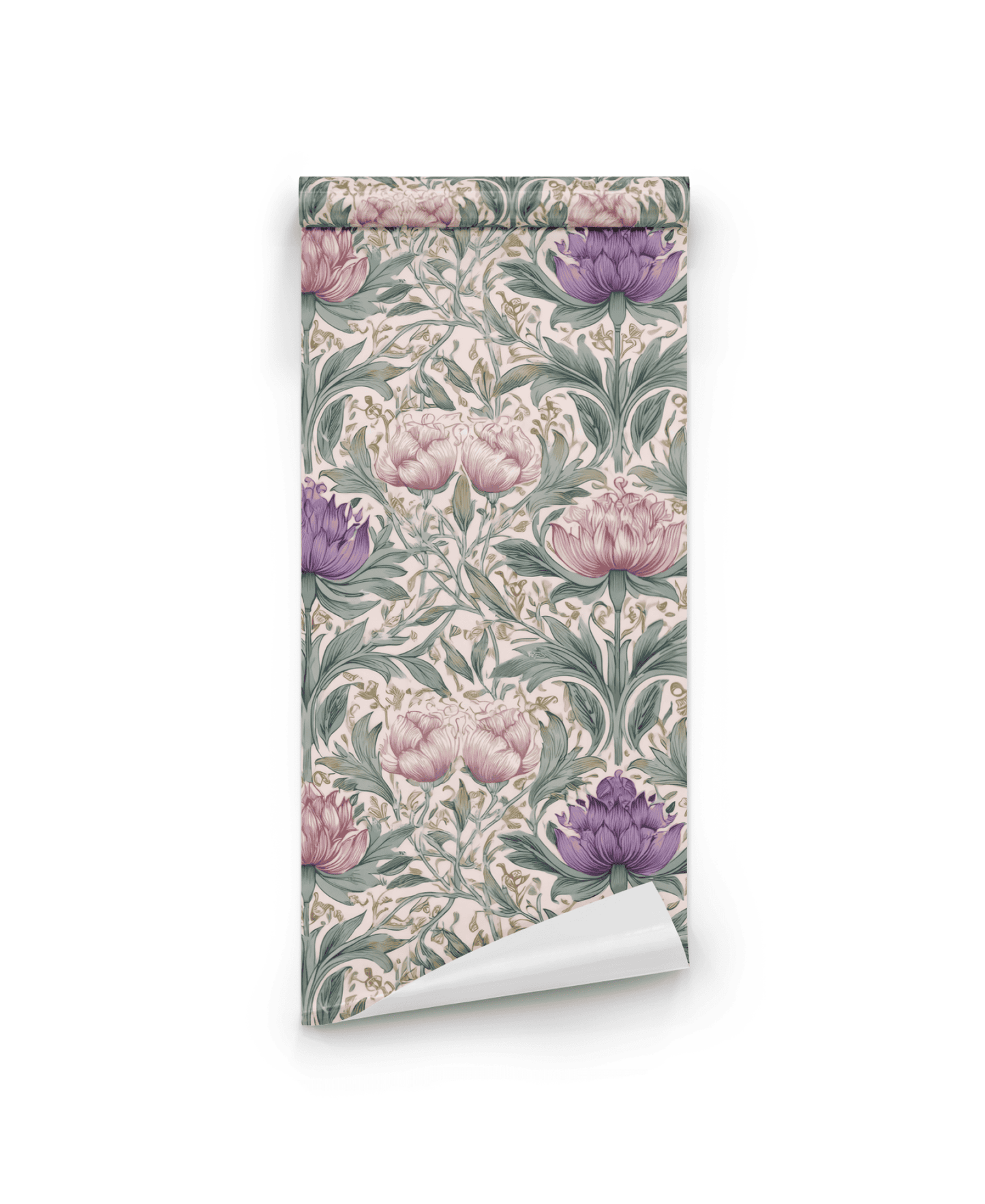 Elara Bloom Wallpaper features an elegant design with intricate pink and purple florals, accented by green leaves on a light background.