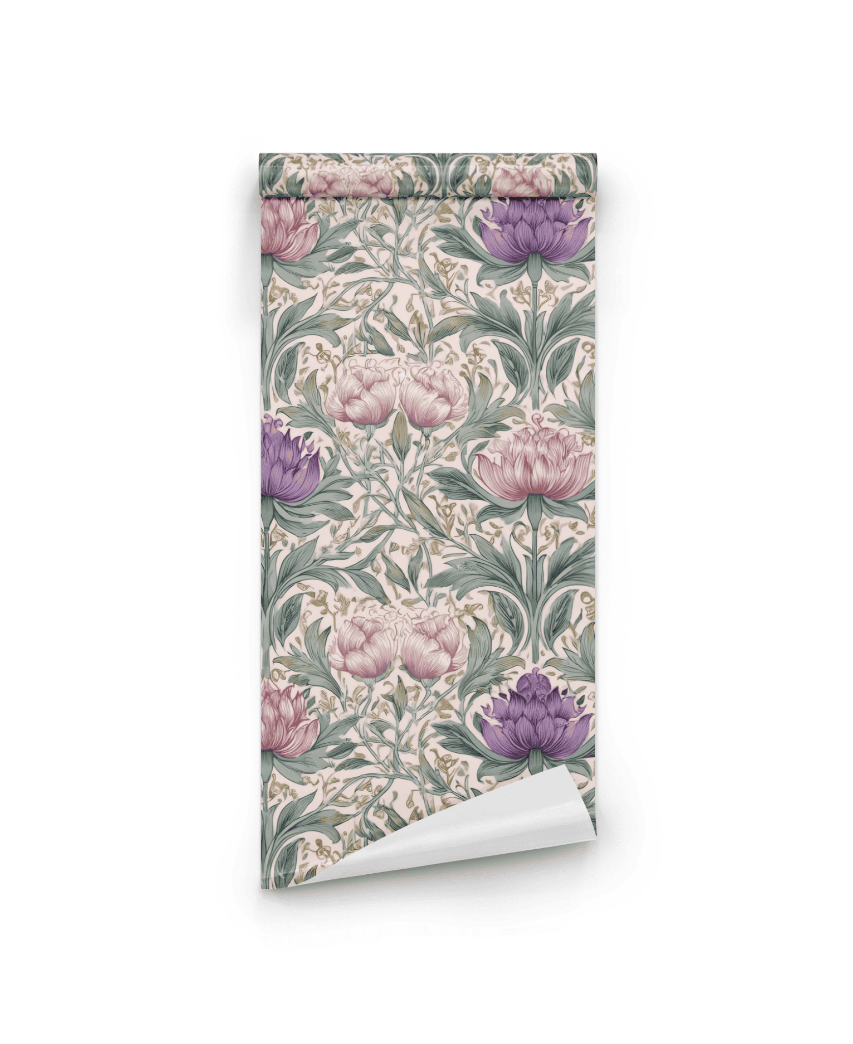 Elara Bloom Wallpaper features an elegant design with intricate pink and purple florals, accented by green leaves on a light background.