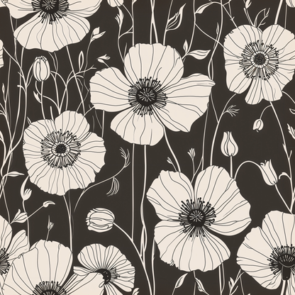 Monochrome Large Poppy Retro Wallpaper