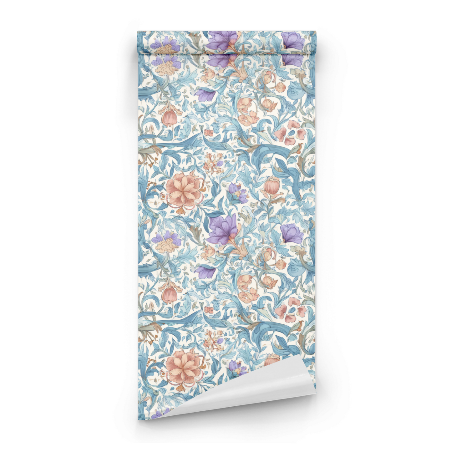 Rosy Verdure roll close-up showing the art nouveau lotus drawing in green-and-rose line work