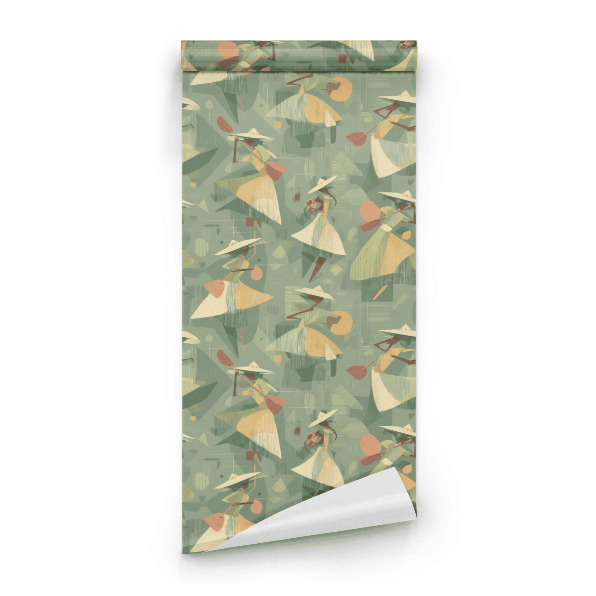 Green Abstract Wallpaper roll preview showing the paddle shape detail in close Mid-Century Modern green line work