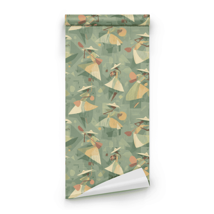 Green Abstract Wallpaper roll preview showing the paddle shape detail in close Mid-Century Modern green line work