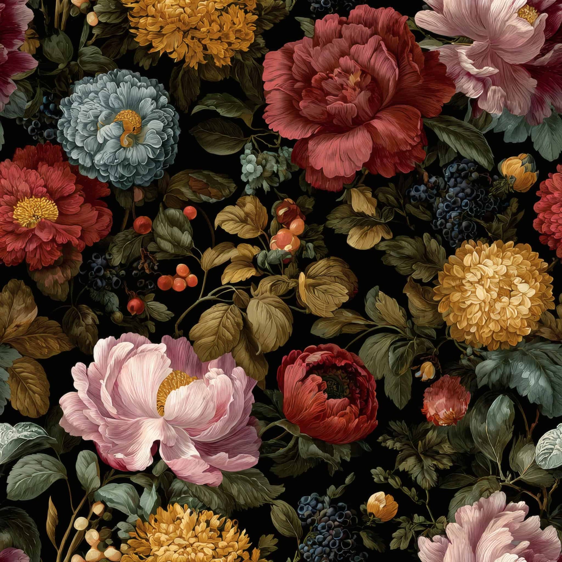Floral wallpaper with lavish blooms in red, pink, blue, and gold on a black background.