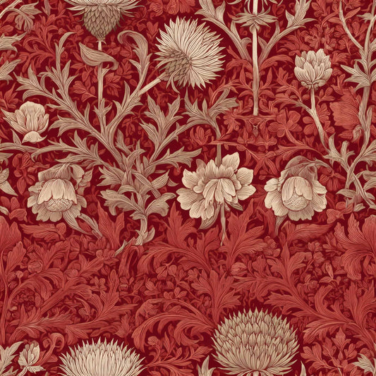 Floral patterned wallpaper in ivory and beige on a deep crimson background.