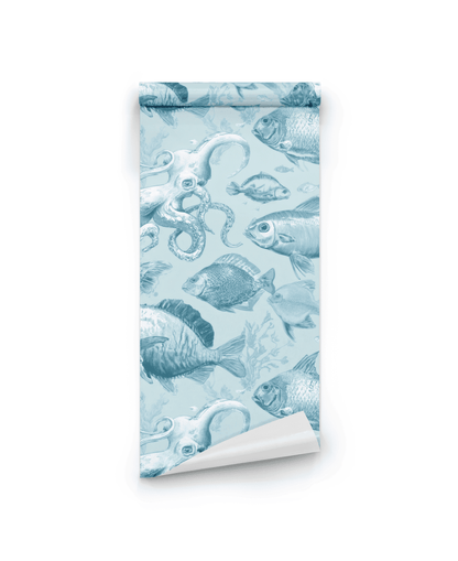 Aqua Nautica Wallpaper is a rolled sheet featuring a blue aquatic design with various fish and an octopus on a light blue background.