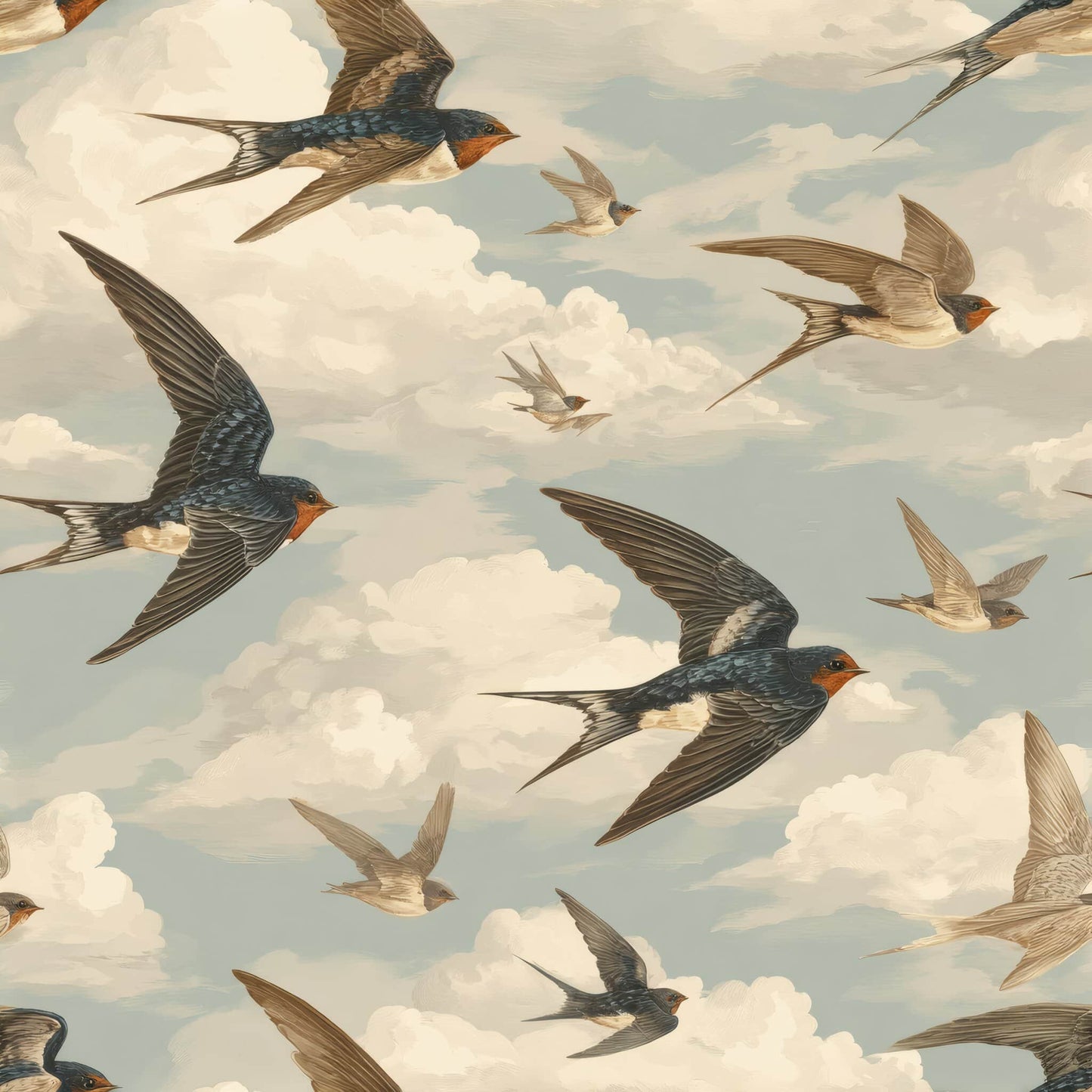 Wallpaper featuring swallows flying amid soft clouds on a light blue sky background.