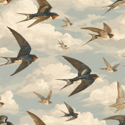 Wallpaper featuring swallows flying amid soft clouds on a light blue sky background.