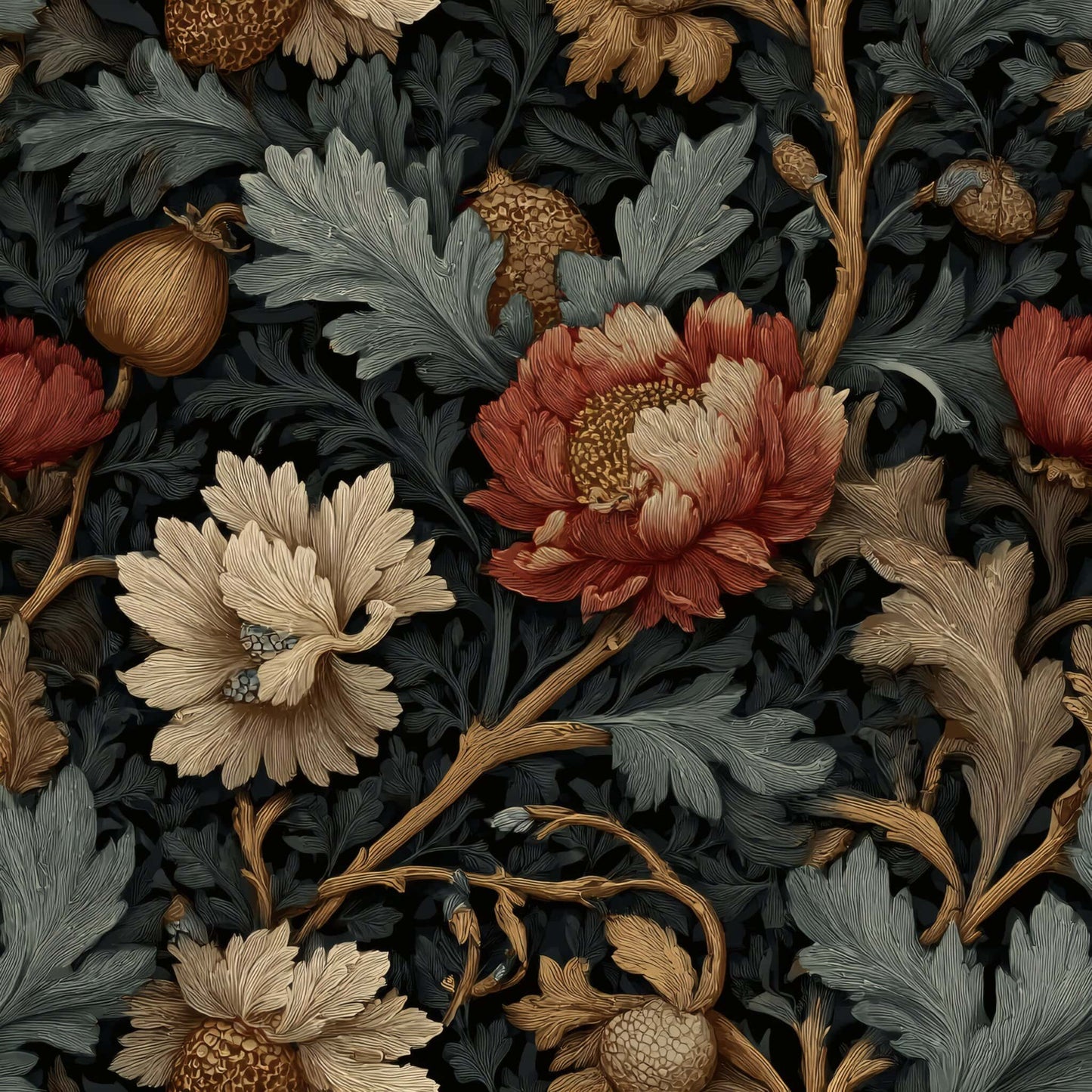 Rich floral pattern with red, beige, and blue leaves on a dark background.