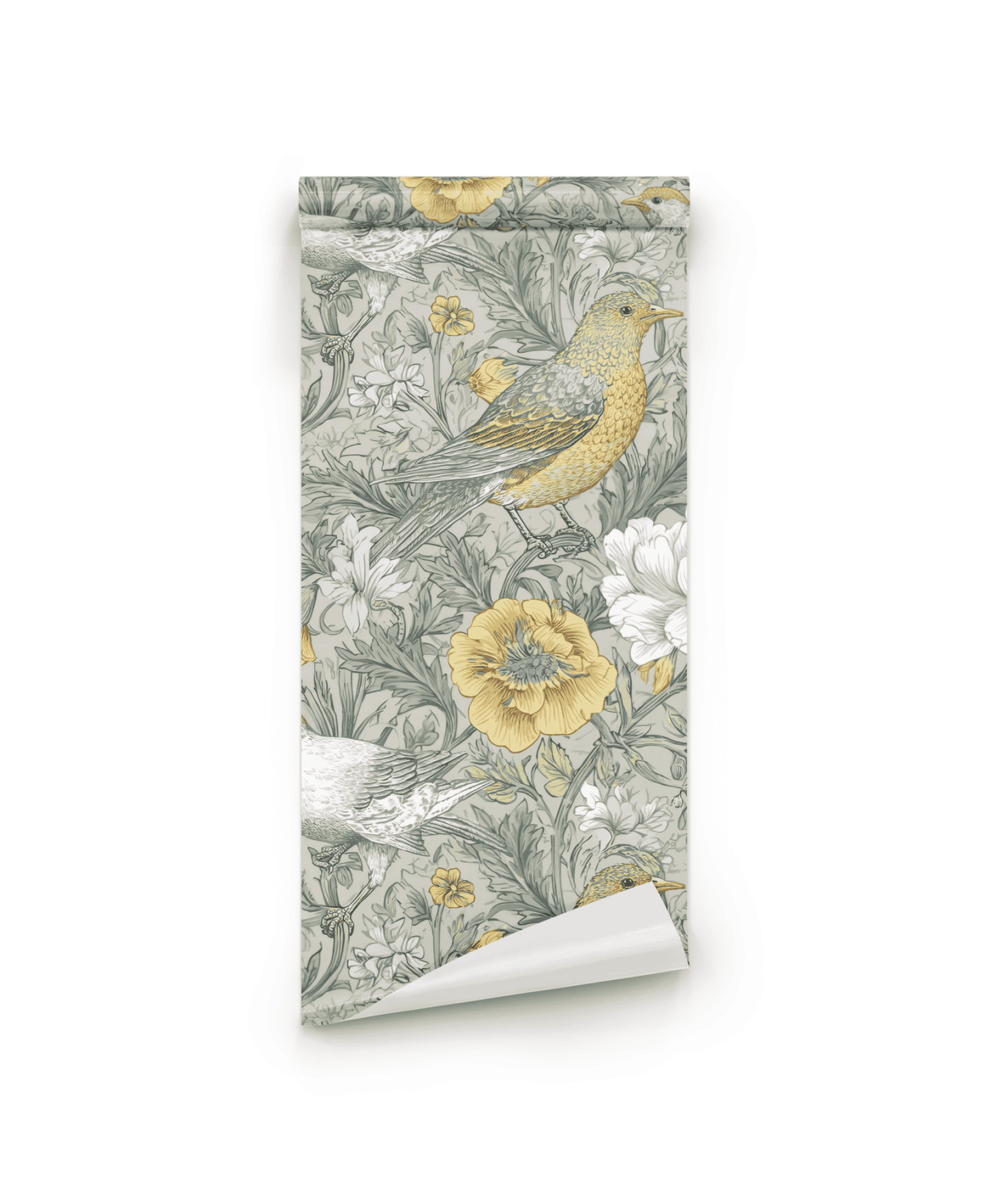 Meadow Whimsy Wallpaper, partially unrolled against a white background, showcases a whimsical floral and bird pattern in muted yellow, grey, and white tones.
