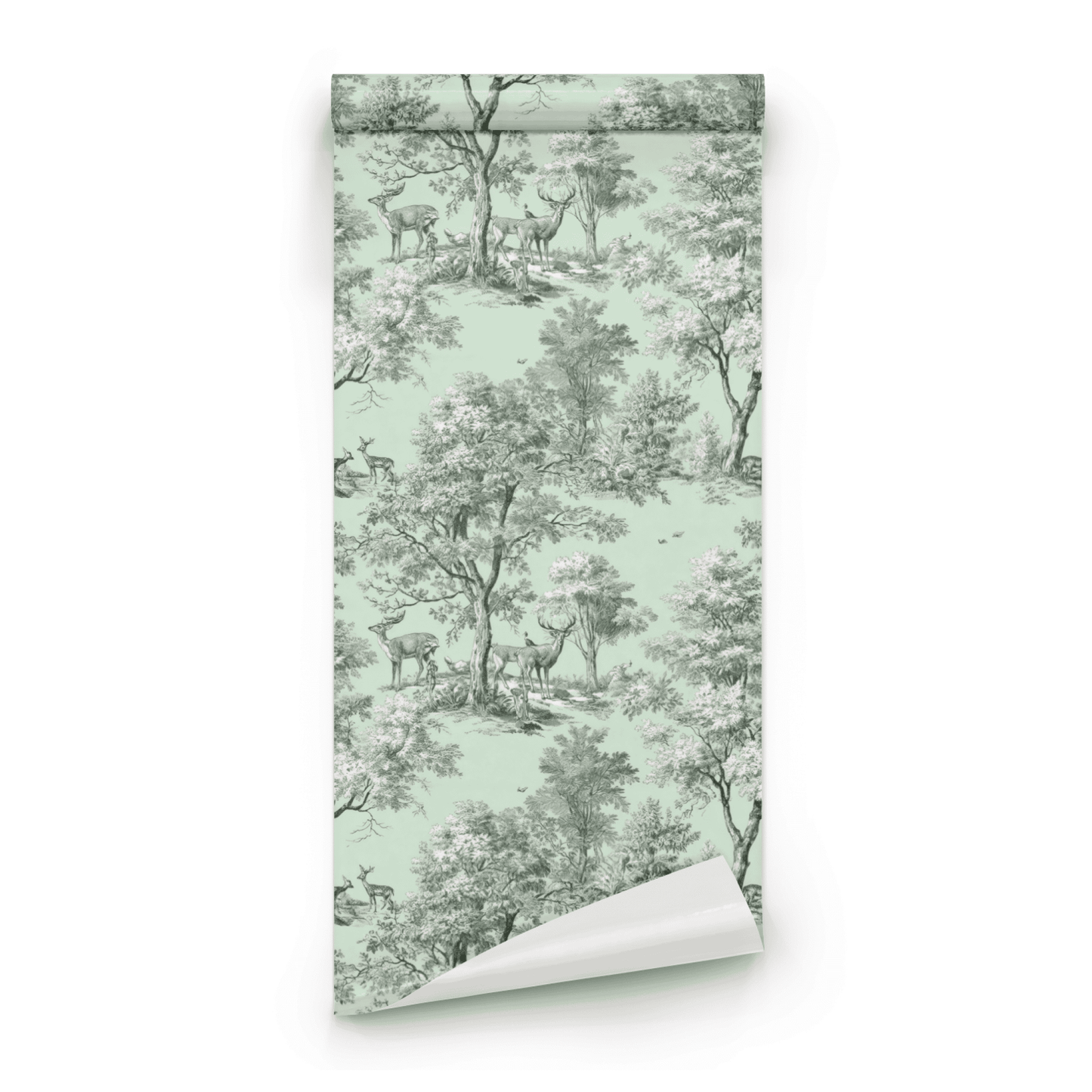 Green Toile Wallpaper roll close-up showing the woodland animal-and-toile drawing in close verdant green detail