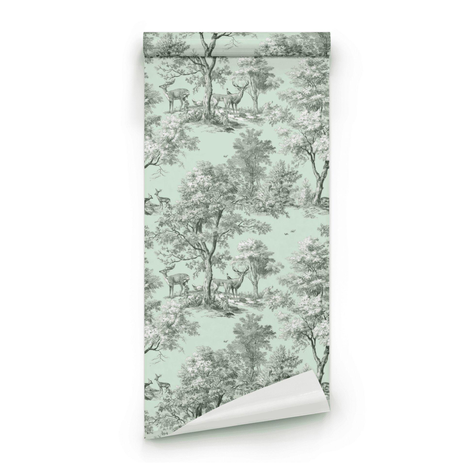 Green Toile Wallpaper roll close-up showing the woodland animal-and-toile drawing in close verdant green detail